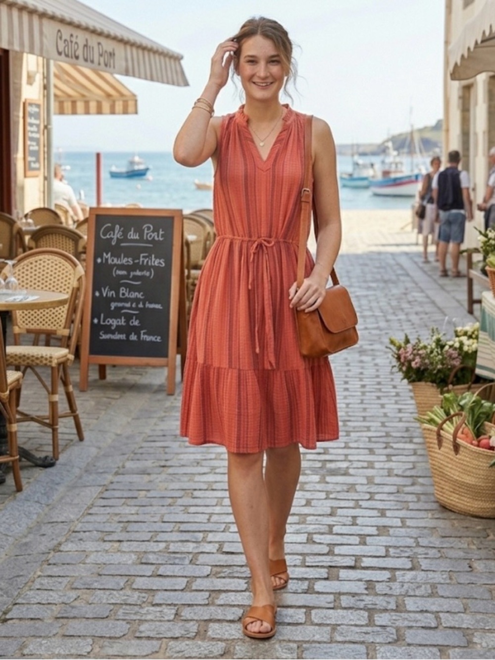 Sundance Adley Striped Gauze Tiered Midi Dress Sea Coral Red Petite Large Boho